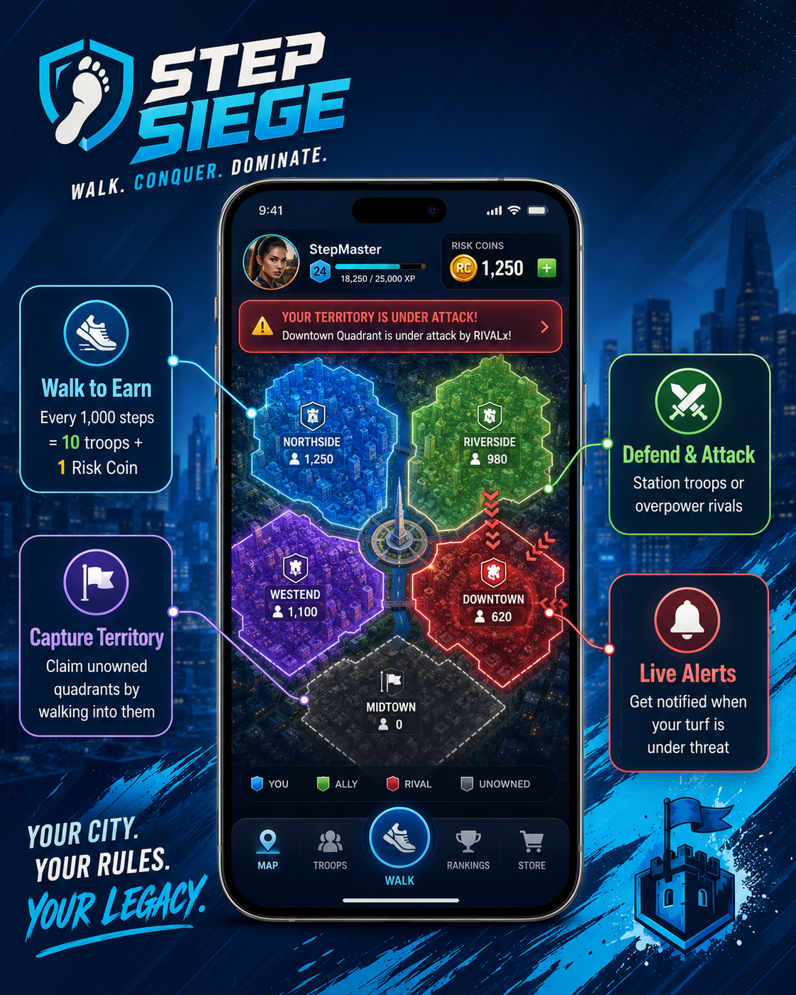 StepSiege gameplay map and attack alerts