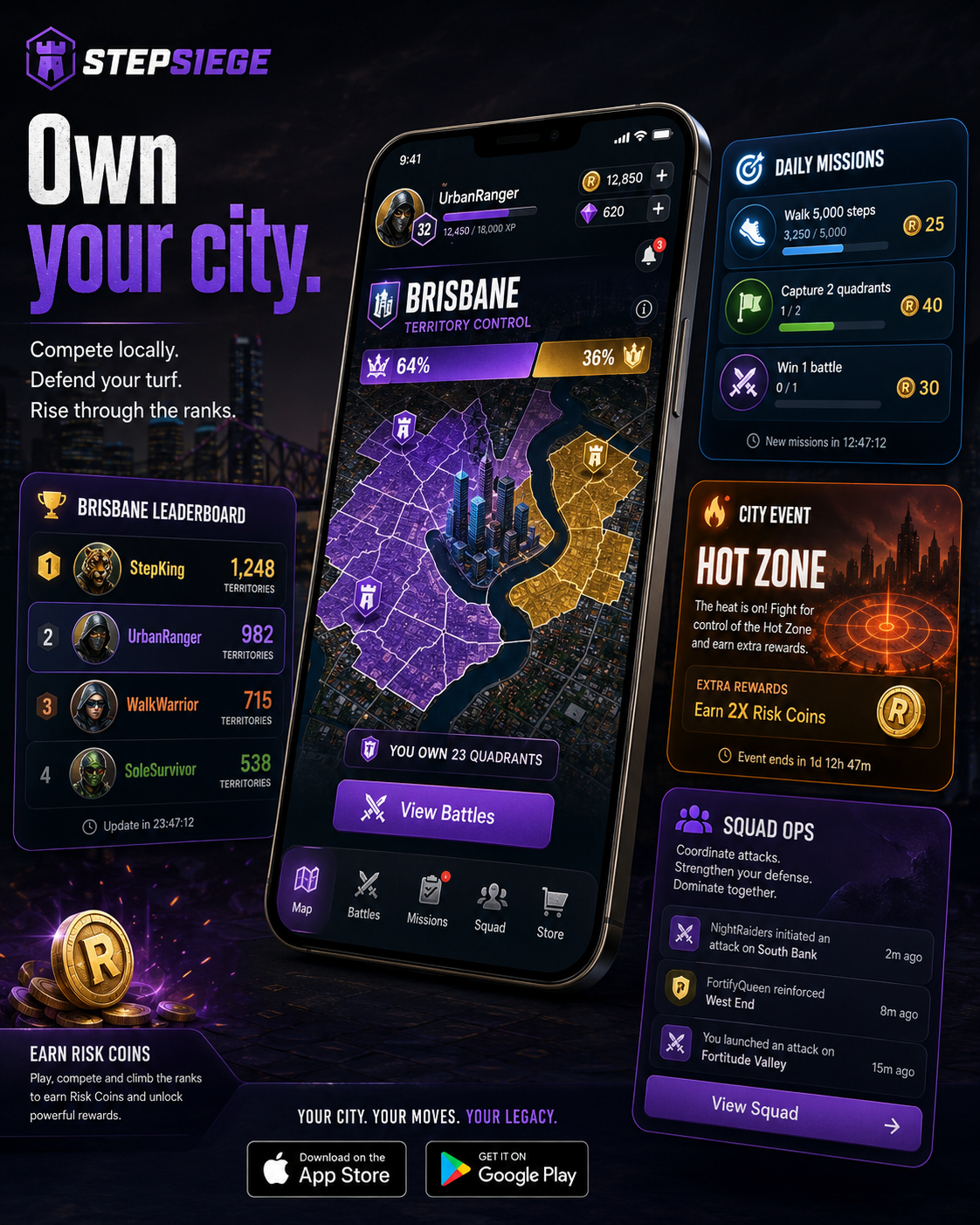 StepSiege city leaderboards, missions and hot zone
